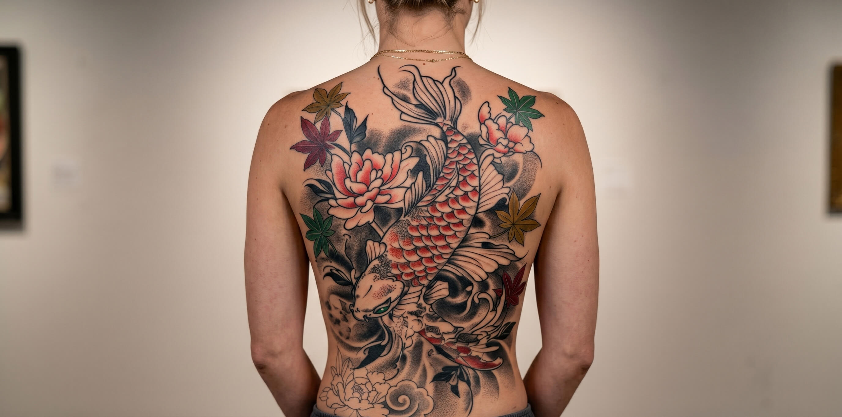 Full-back koi fish tattoo with peonies, maple leaves, and traditional wind-bar background